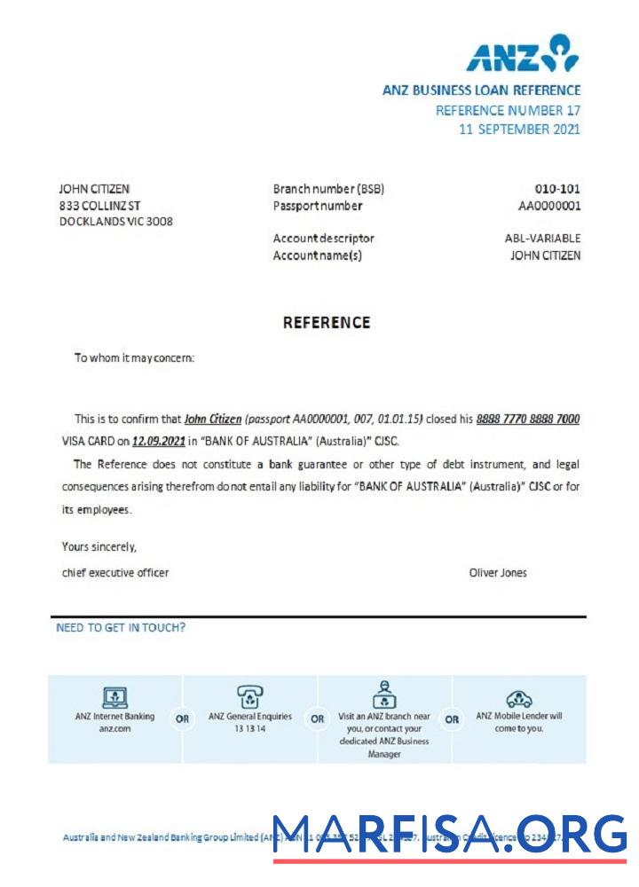 Downloadable Australia ANZ bank closure reference real example